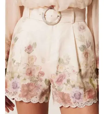 per donna 261TT2572 Pantaloncini in lino con cintura multicolore (42), Beige, Casual