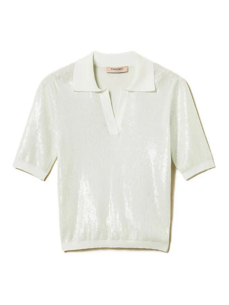 Polo Con Paillettes In Cotone Blu Acqua Azzurro