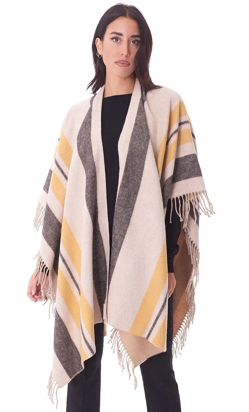 Poncho twinset rigato con frange, colore multicolore