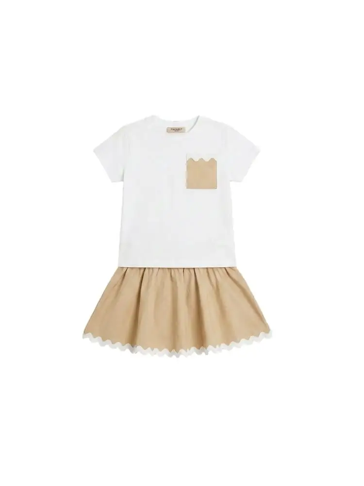 set infant/kids t-shirt in cotone bianco e gonna beige