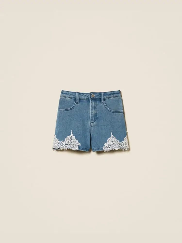 shorts infant/kids in denim blu medio e dettagli in pizzo
