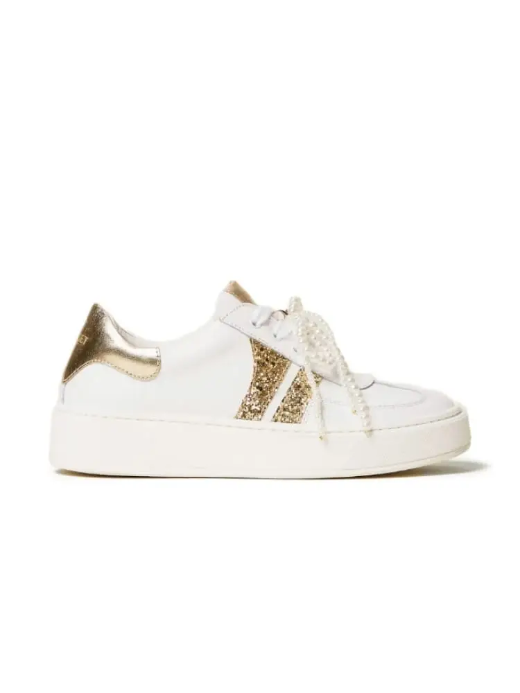 sneakers kids/junior in ecopelle bianca con glitter oro e dettaglio perline