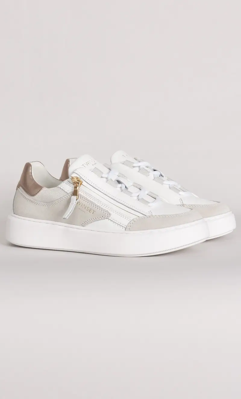 Sneakers twinset con zip laterale e inserti in camoscio, colore bianco