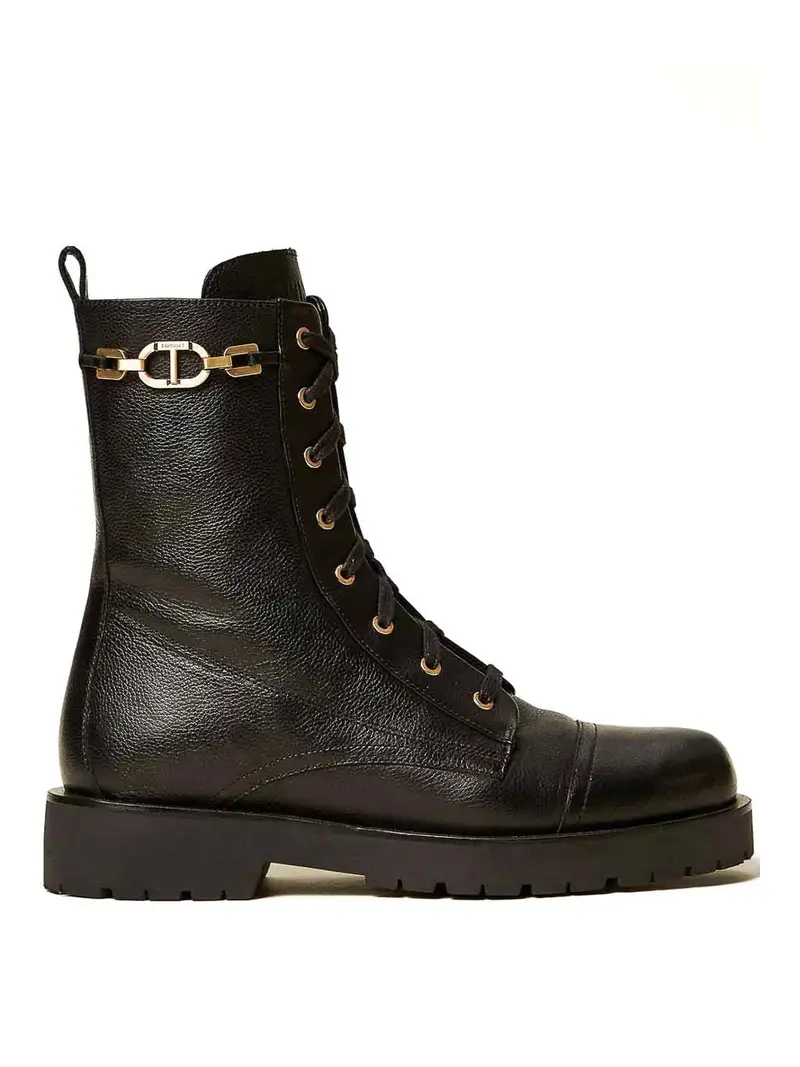 Stivali Combat in pelle con catena e ovale t Nero