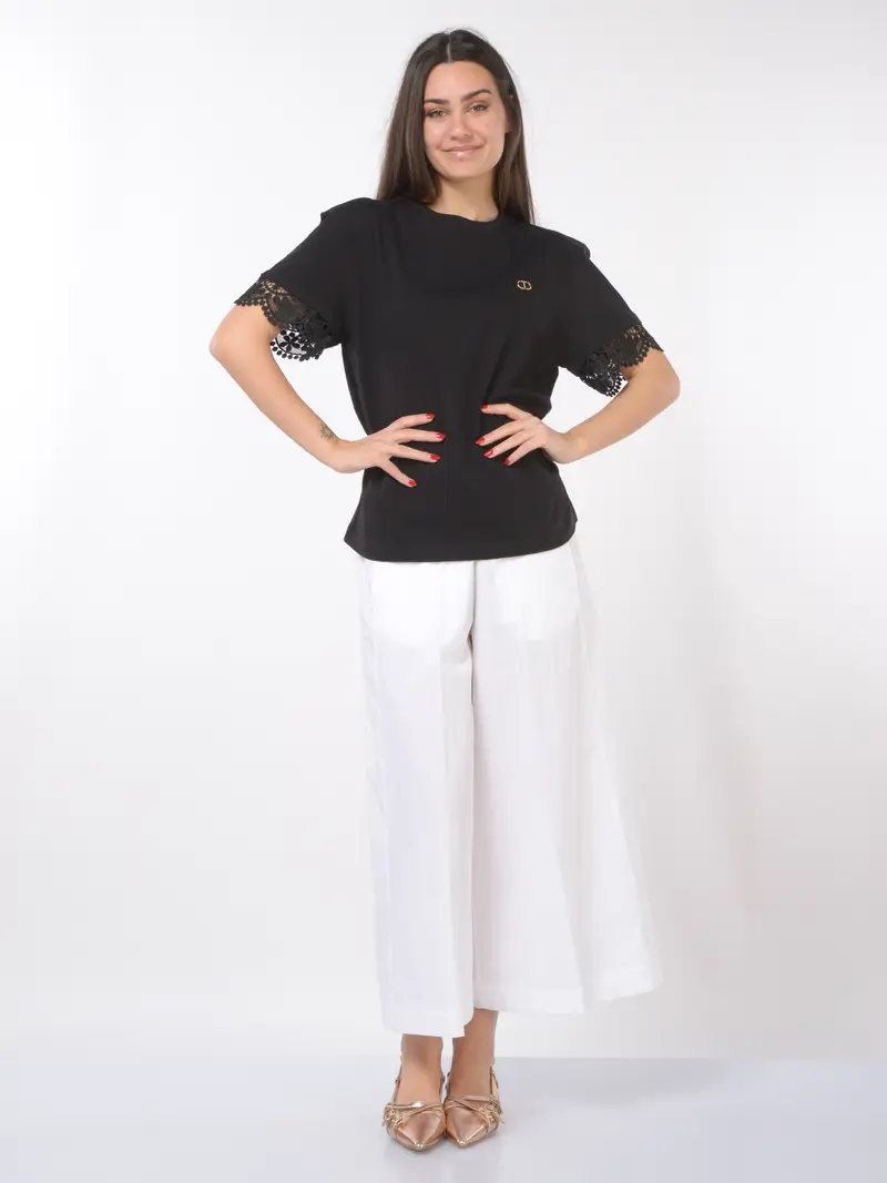 t Shirt da donna Twinset con logo e inserti in pizzo NERO miniatura 2