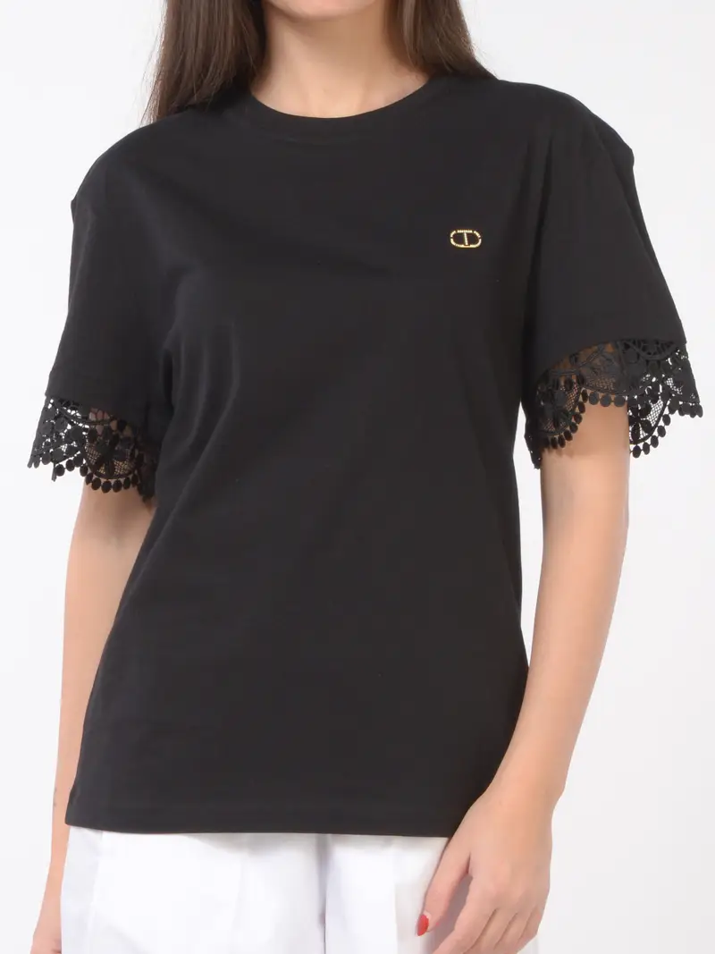 t Shirt da donna Twinset con logo e inserti in pizzo NERO