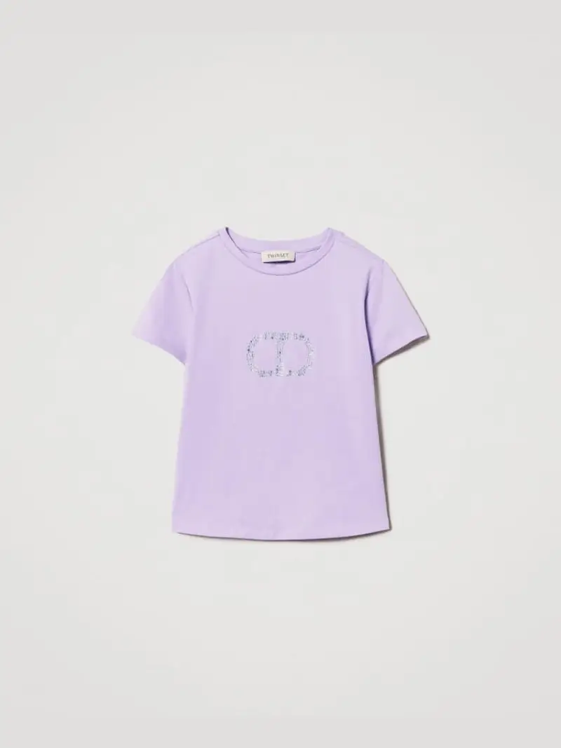 t-shirt junior in cotone glicine con oval logo strass