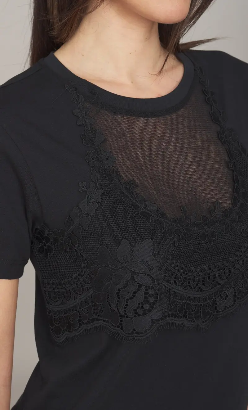 T-shirt twinset con applicazioni in pizzo, colore nero miniatura 2