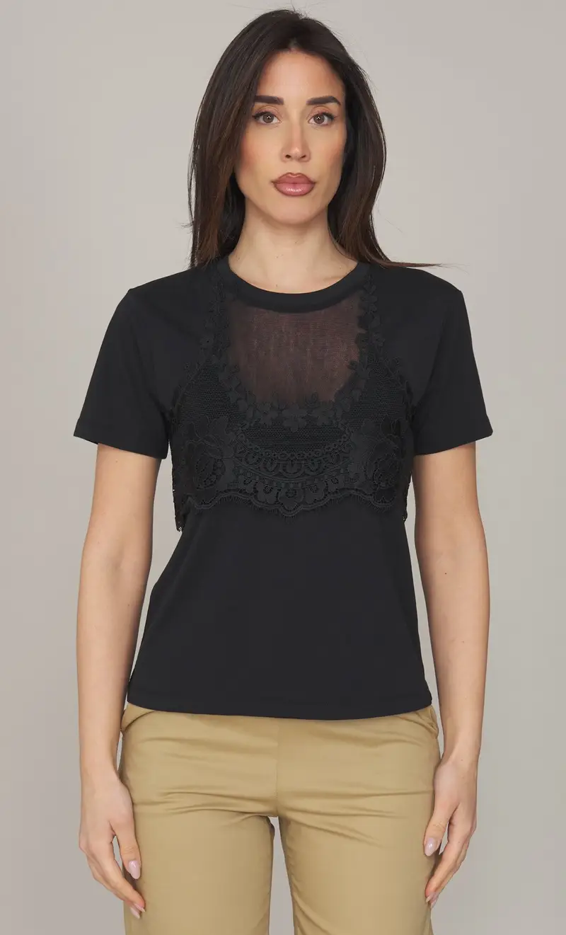 T-shirt twinset con applicazioni in pizzo, colore nero