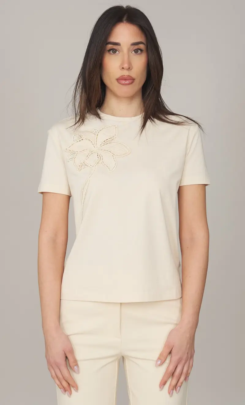 T-shirt twinset con fiore ricamato, colore panna