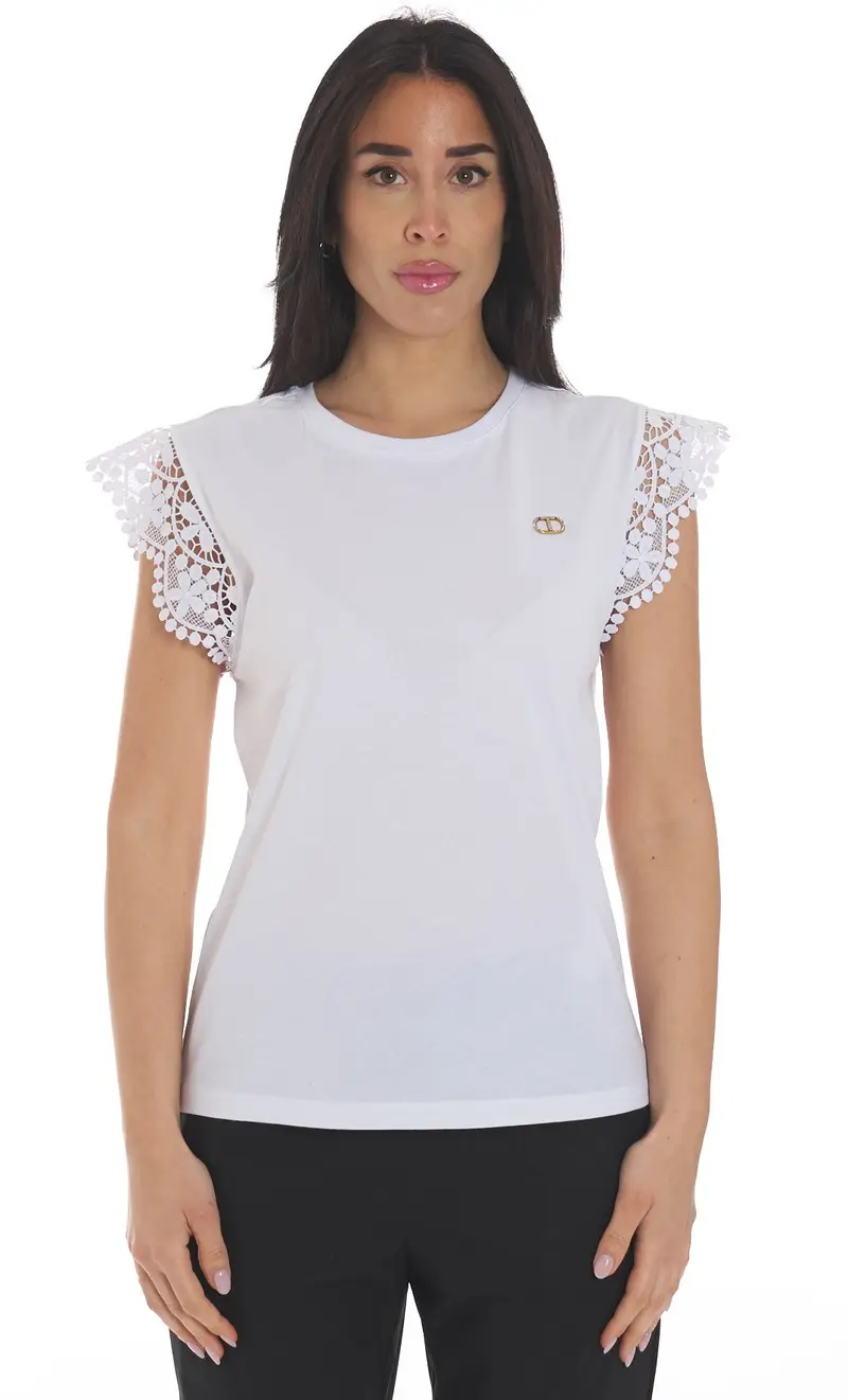 T-shirt twinset con logo in metallo e dettagli in pizzo, colore bianco