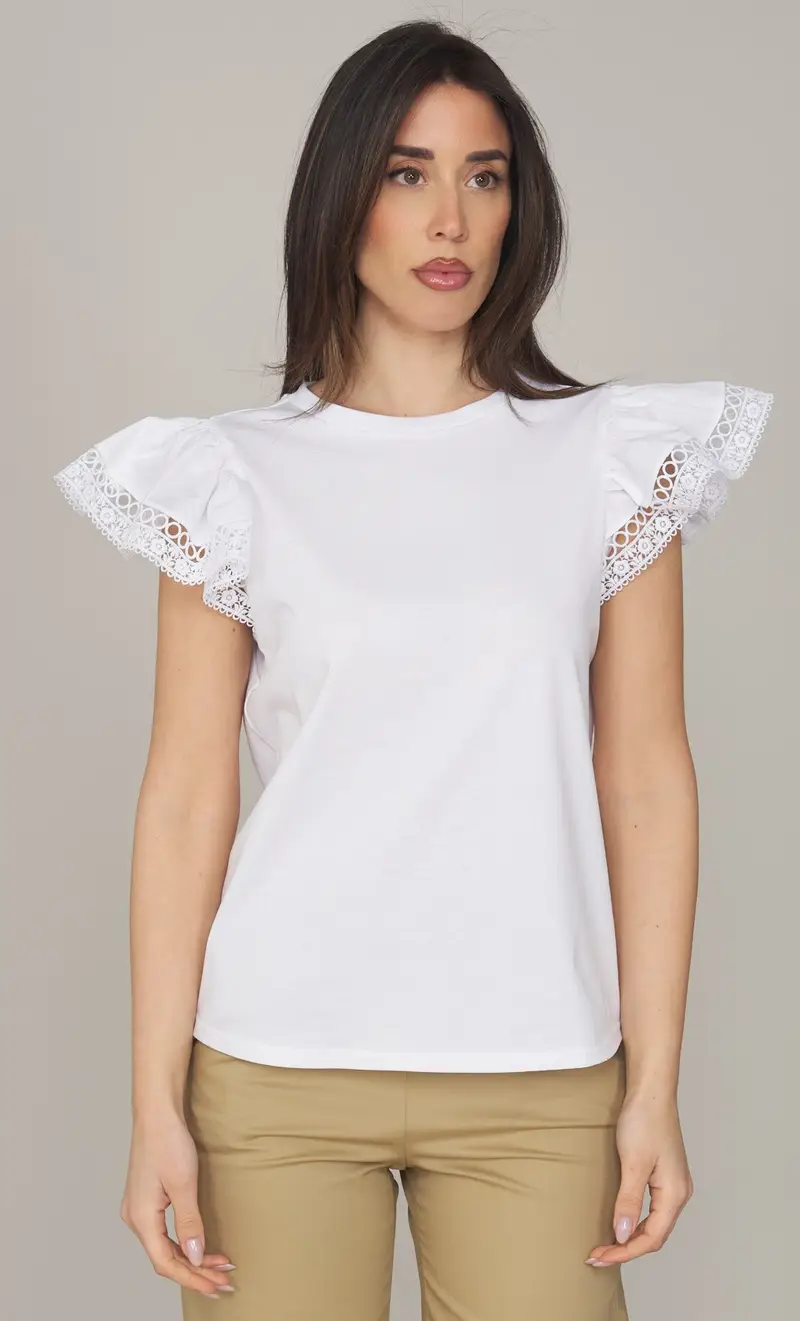 T-shirt twinset con maniche in pizzo, colore bianco