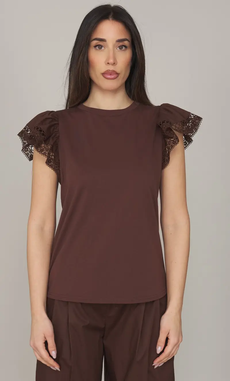 T-shirt twinset con maniche in pizzo, colore moro