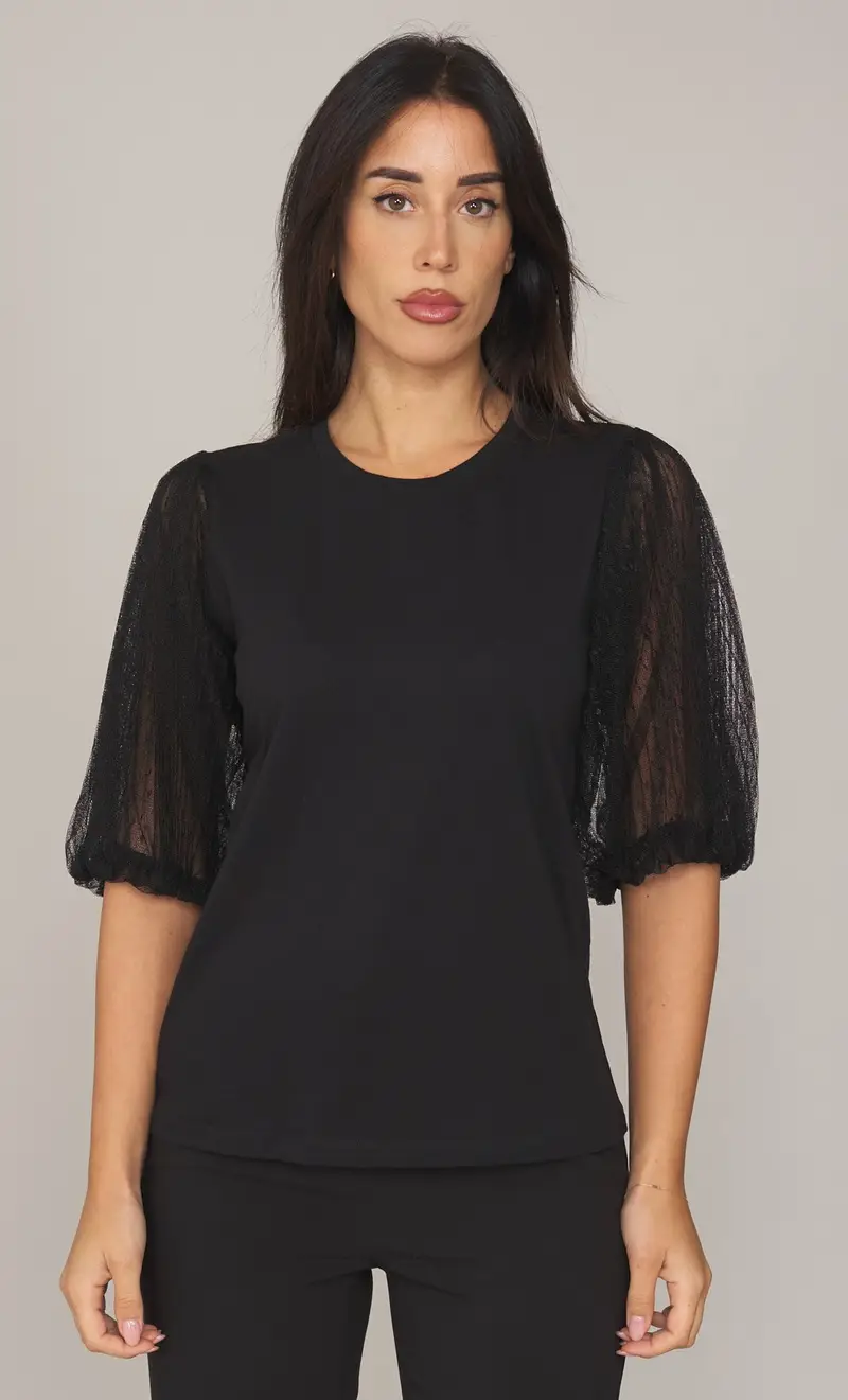 T-shirt twinset con maniche in tulle, colore nero