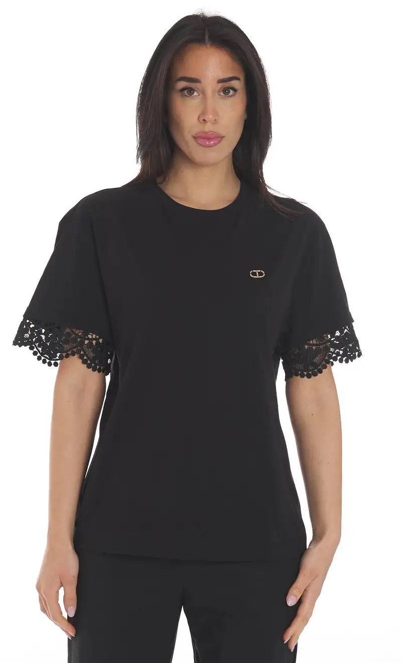 T-shirt twinset con maniche rifinite in pizzo, colore nero