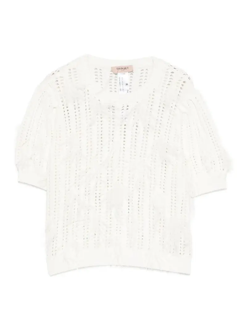 Top in maglia aperta con dettagli in piume Bianco