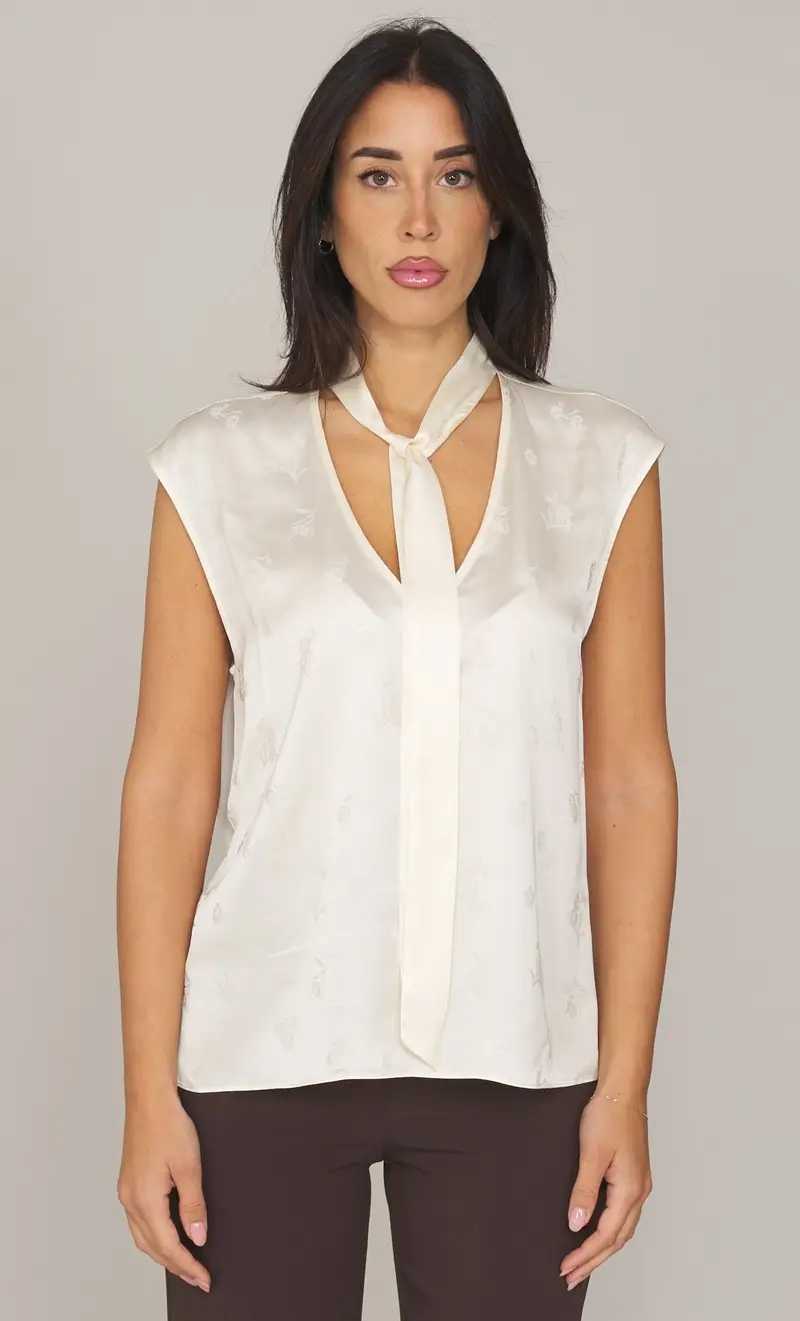 Top twinset stampato con sciarpina, colore bianco