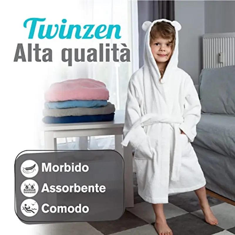 Twinzen - Accappatoio Bambini Cotone: Ragazzo e Ragazza - 100% Cotone OEKO-TEX® Senza Prodotti Chimici - 2 Tasche, Cintura, Cappuccio con Orecchie miniatura 2