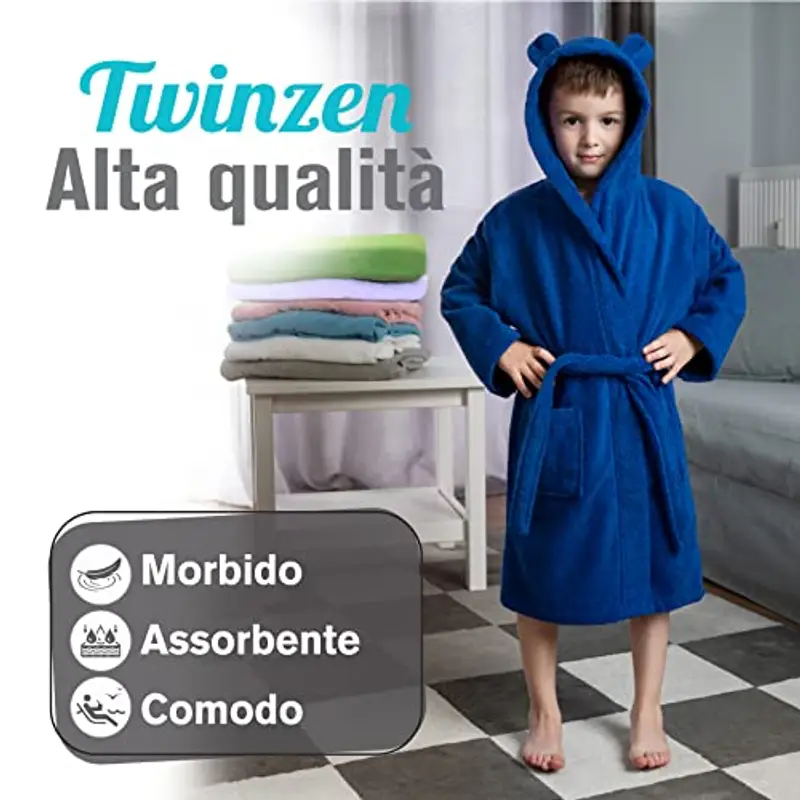 Twinzen - Accappatoio Bambini Cotone: Ragazzo e Ragazza - 100% Cotone OEKO-TEX® Senza Prodotti Chimici - 2 Tasche, Cintura, Cappuccio con Orecchie miniatura 2