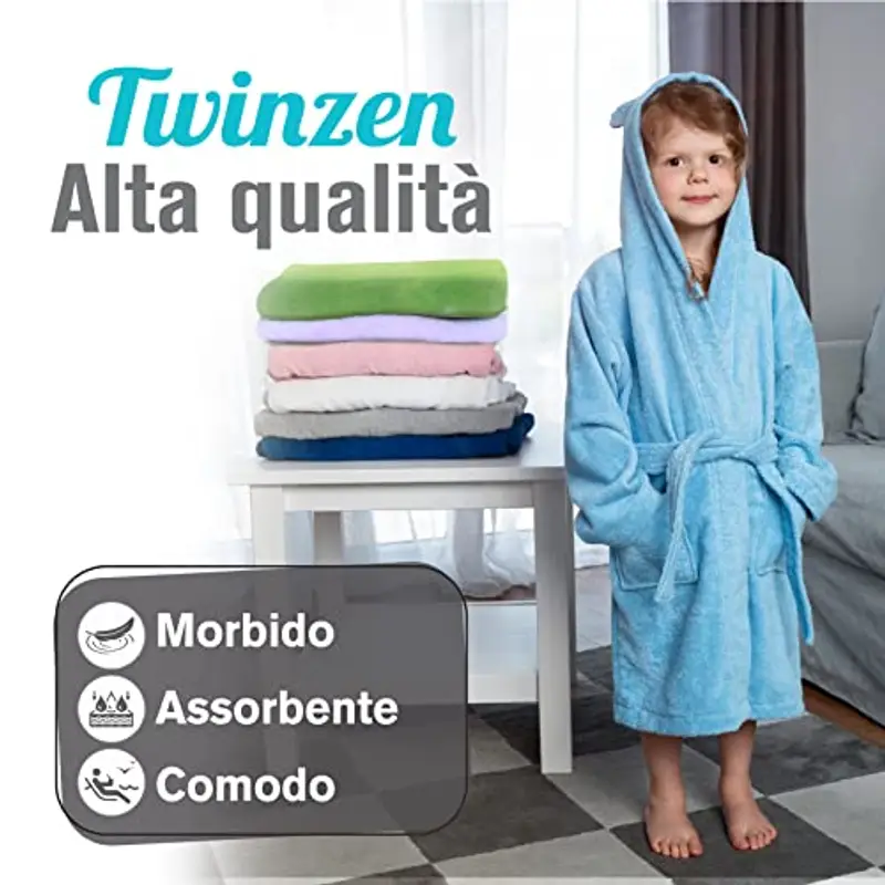 Twinzen - Accappatoio Bambini Cotone: Ragazzo e Ragazza - 100% Cotone OEKO-TEX® Senza Prodotti Chimici - 2 Tasche, Cintura, Cappuccio con Orecchie miniatura 2