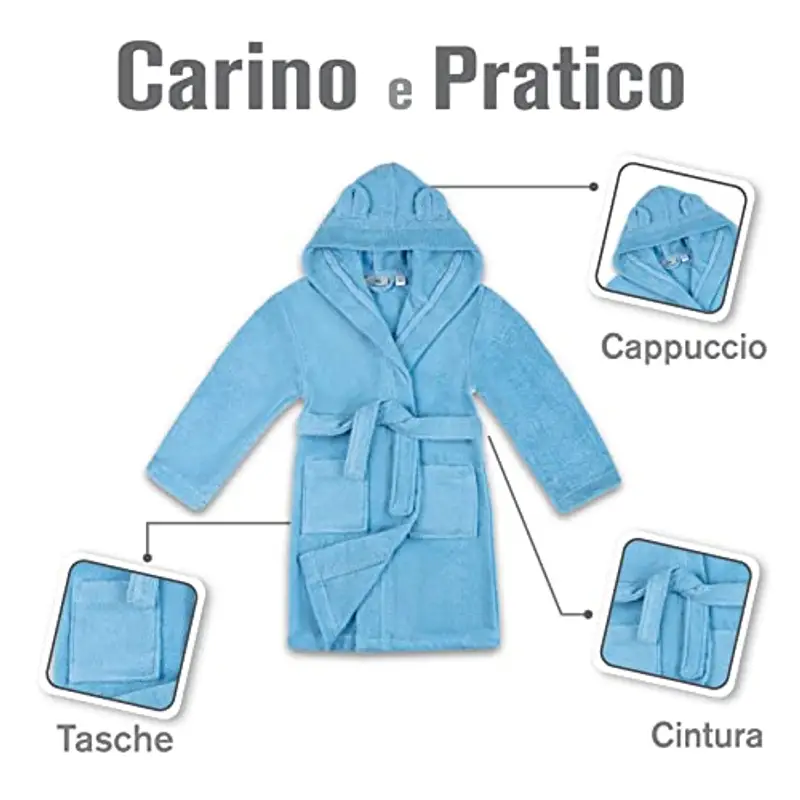 Twinzen - Accappatoio Bambini Cotone: Ragazzo e Ragazza - 100% Cotone OEKO-TEX® Senza Prodotti Chimici - 2 Tasche, Cintura, Cappuccio con Orecchie miniatura 3