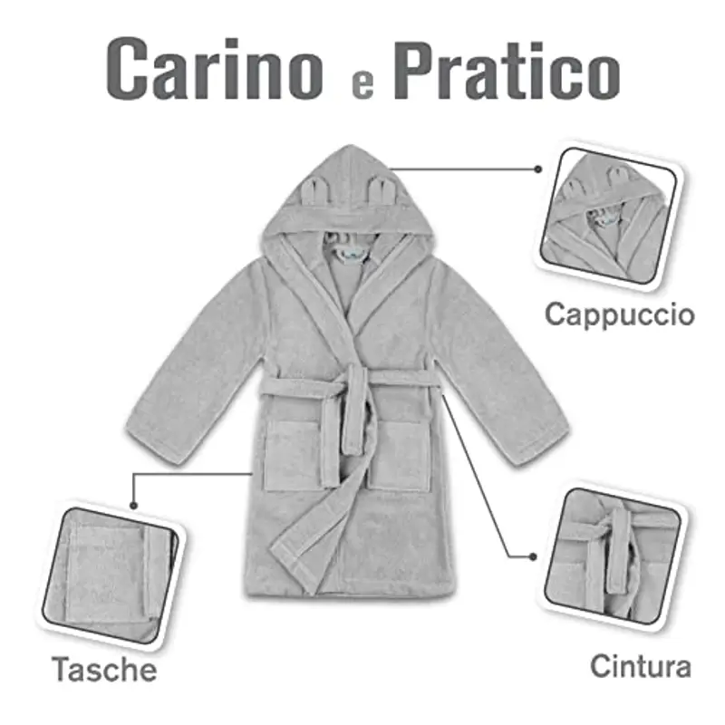Twinzen - Accappatoio Bambini Cotone: Ragazzo e Ragazza - 100% Cotone OEKO-TEX® Senza Prodotti Chimici - 2 Tasche, Cintura, Cappuccio con Orecchie miniatura 3