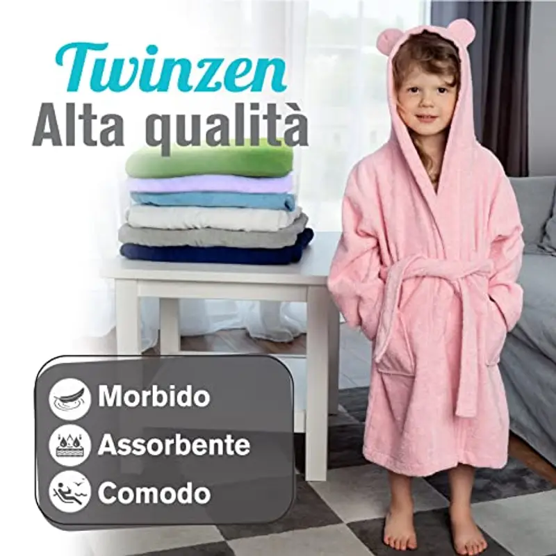 Twinzen - Accappatoio Bambini Cotone: Ragazzo e Ragazza - 100% Cotone OEKO-TEX® Senza Prodotti Chimici - 2 Tasche, Cintura, Cappuccio con Orecchie miniatura 2