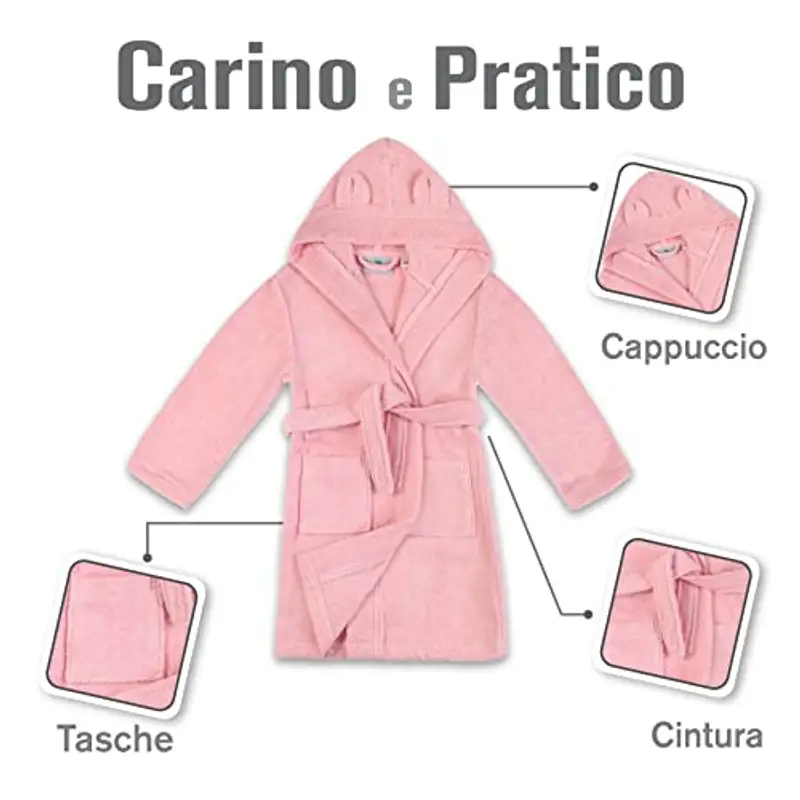 Twinzen - Accappatoio Bambini Cotone: Ragazzo e Ragazza - 100% Cotone OEKO-TEX® Senza Prodotti Chimici - 2 Tasche, Cintura, Cappuccio con Orecchie miniatura 3