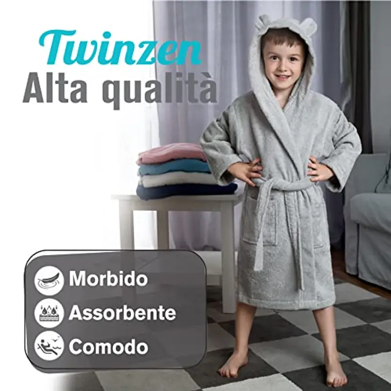 Twinzen - Accappatoio Bambini Cotone: Ragazzo e Ragazza - 100% Cotone OEKO-TEX® Senza Prodotti Chimici - 2 Tasche miniatura 2