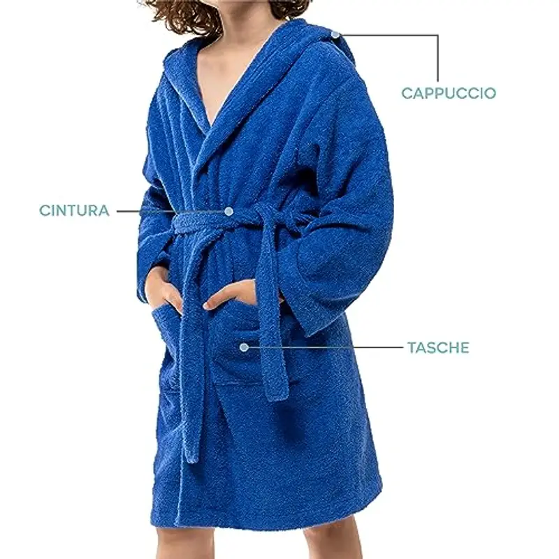 Twinzen Accappatoio Bambino Adolescenti con Cappuccio, 100% Cotone OekoTex, Accappatoio Ragazzo Ragazza 15-16 Anni Blu miniatura 2
