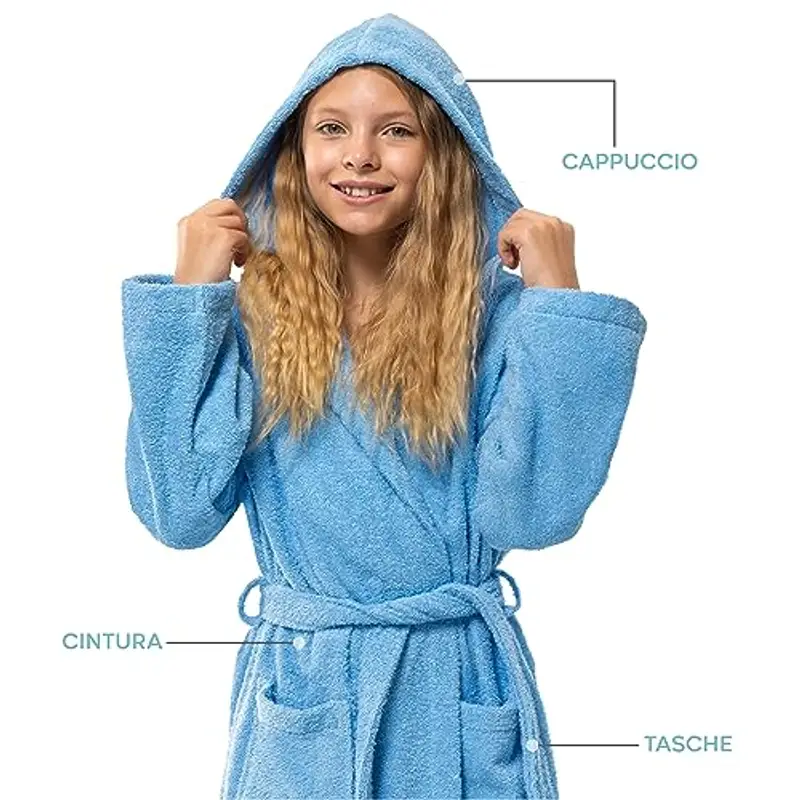 Twinzen Accappatoio Bambino Adolescenti con Cappuccio, 100% Cotone OekoTex, Accappatoio Ragazzo Ragazza 9-10 Anni Blu miniatura 2