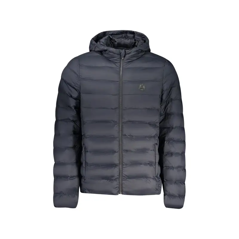 Giubbotto Uomo Blu Cappuccio Zip Tasche Logo