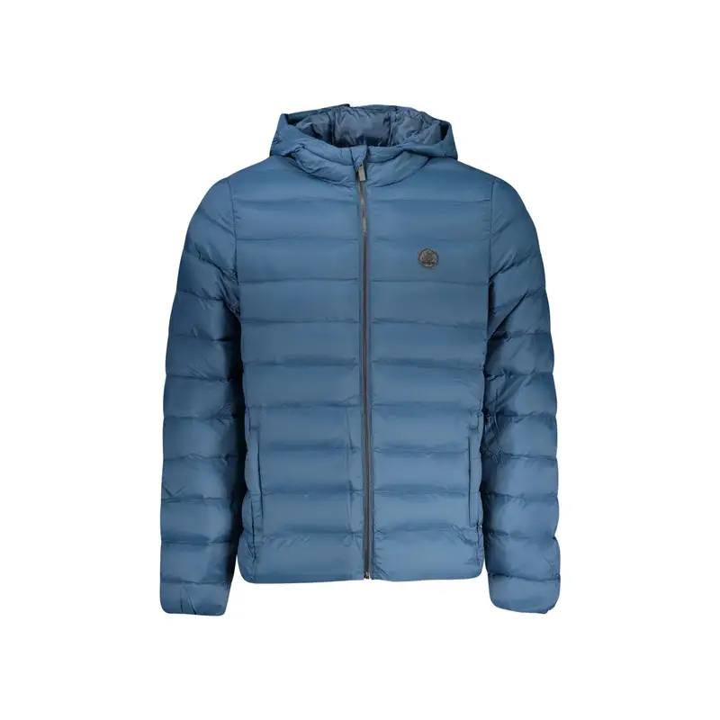 Giubbotto Uomo Blu Cappuccio Zip Tasche Logo
