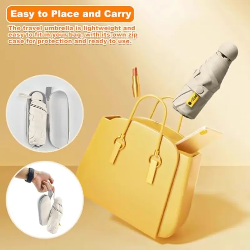 UHETLET Mini Ombrello Ombrello Pioggia Pieghevole da Viaggio 8 Costole Ombrello Piccolo Mini Ombrello Tascabile Anti UV Ombrello Portatile Antivento con Custodia per Donne e Uomini, Beige miniatura 3