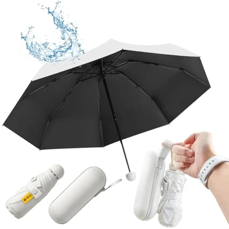 UHETLET Mini Ombrello Ombrello Pioggia Pieghevole da Viaggio 8 Costole Ombrello Piccolo Mini Ombrello Tascabile Anti UV Ombrello Portatile Antivento con Custodia per Donne e Uomini, Bianco
