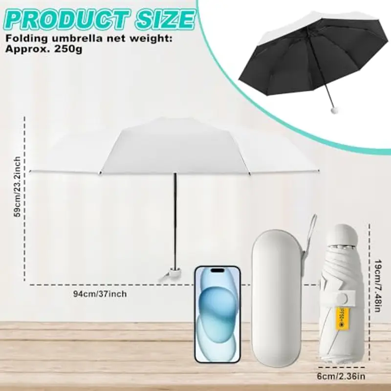 UHETLET Mini Ombrello Ombrello Pioggia Pieghevole da Viaggio 8 Costole Ombrello Piccolo Mini Ombrello Tascabile Anti UV Ombrello Portatile Antivento con Custodia per Donne e Uomini, Bianco miniatura 2
