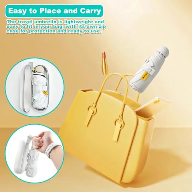 UHETLET Mini Ombrello Ombrello Pioggia Pieghevole da Viaggio 8 Costole Ombrello Piccolo Mini Ombrello Tascabile Anti UV Ombrello Portatile Antivento con Custodia per Donne e Uomini, Bianco miniatura 3