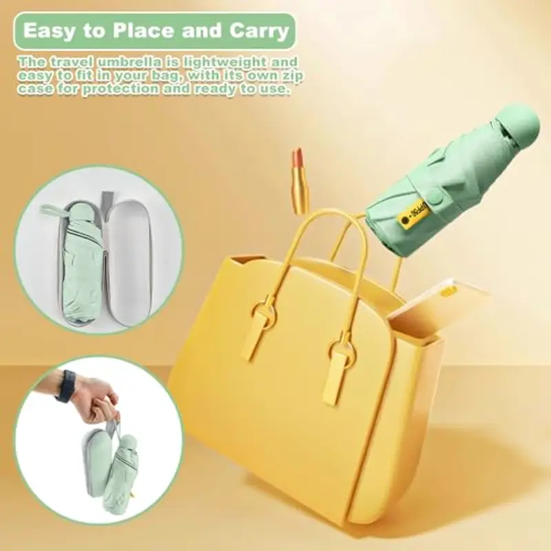 UHETLET Mini Ombrello Ombrello Pioggia Pieghevole da Viaggio 8 Costole Ombrello Piccolo Mini Ombrello Tascabile Anti UV Ombrello Portatile Antivento con Custodia per Donne e Uomini, Verde Chiaro miniatura 3