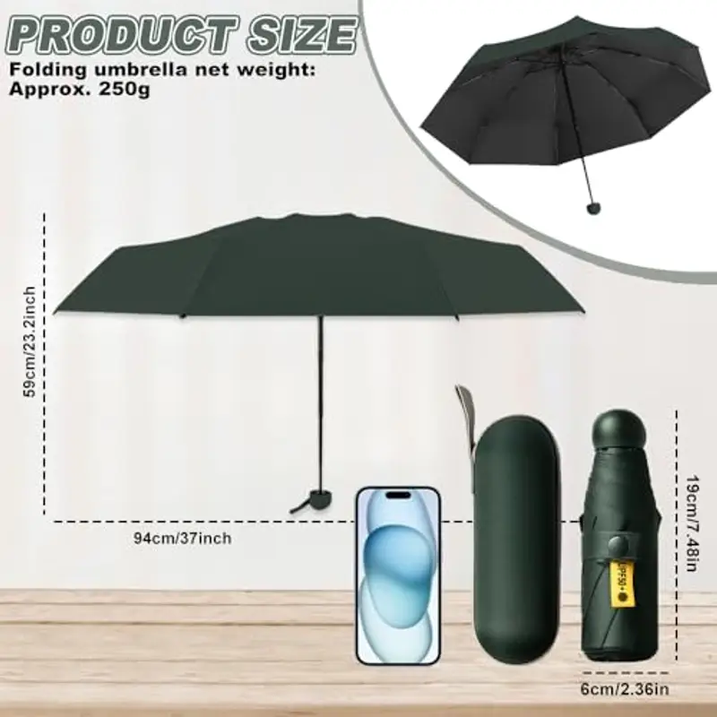 UHETLET Mini Ombrello Ombrello Pioggia Pieghevole da Viaggio 8 Costole Ombrello Piccolo Mini Ombrello Tascabile Anti UV Ombrello Portatile Antivento con Custodia per Donne e Uomini, Verde Scuro miniatura 2
