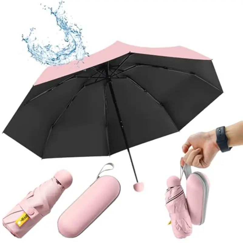 UHETLET Ombrello compatto rosa resistente alle tempeste con 8 costole, mini ombrello tascabile, ombrello pieghevole UV, mini ombrello da donna, perfetto per la borsa