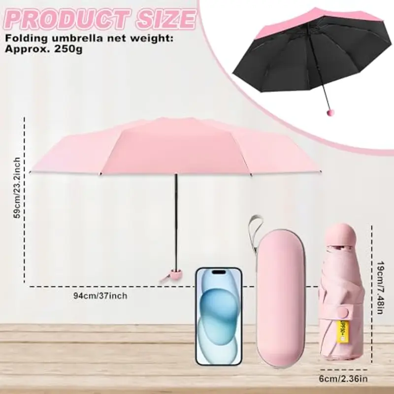 UHETLET Ombrello compatto rosa resistente alle tempeste con 8 costole, mini ombrello tascabile, ombrello pieghevole UV, mini ombrello da donna, perfetto per la borsa miniatura 2