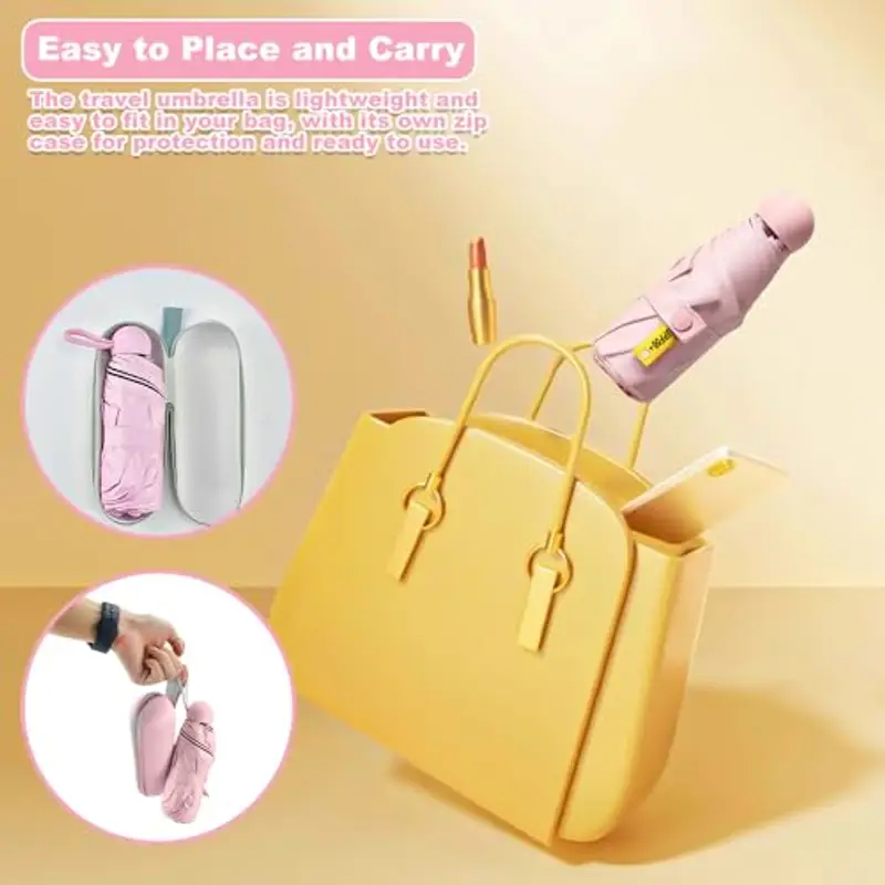 UHETLET Ombrello compatto rosa resistente alle tempeste con 8 costole, mini ombrello tascabile, ombrello pieghevole UV, mini ombrello da donna, perfetto per la borsa miniatura 3