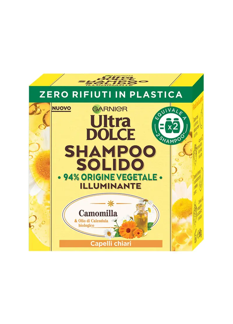 ULTRA DOLCE, Garnier Ultra Dolce Shampoo Solido Camomilla, Per Capelli Chiari, Con Packaging 100% Ecologico Plastic-free, 60 Gr., Donna, Giallo senape, Taglia: FASUL