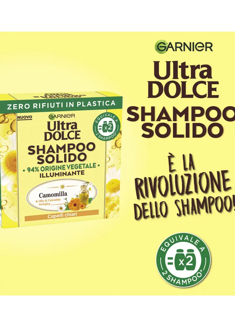 ULTRA DOLCE, Garnier Ultra Dolce Shampoo Solido Camomilla, Per Capelli Chiari, Con Packaging 100% Ecologico Plastic-free, 60 Gr., Donna, Giallo senape, Taglia: FASUL miniatura 2
