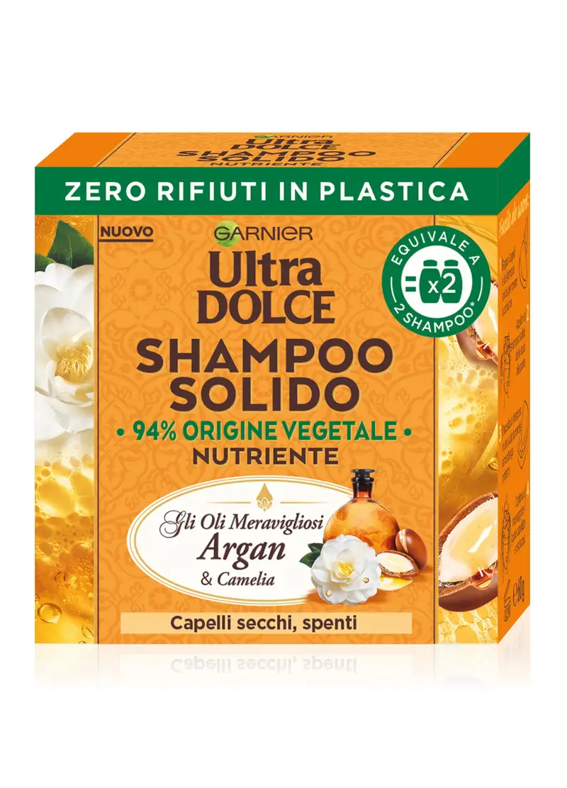 ULTRA DOLCE, Garnier Ultra Dolce Shampoo Solido Con Oli Meravigliosi Di Argan E Camelia, Per Capelli Secchi E Spenti, Con Packaging 100% Ecologico Plastic-free, 60 Gr., Donna, Bianco, Taglia: FASUL