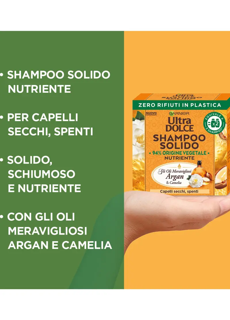 ULTRA DOLCE, Garnier Ultra Dolce Shampoo Solido Con Oli Meravigliosi Di Argan E Camelia, Per Capelli Secchi E Spenti, Con Packaging 100% Ecologico Plastic-free, 60 Gr., Donna, Bianco, Taglia: FASUL miniatura 2