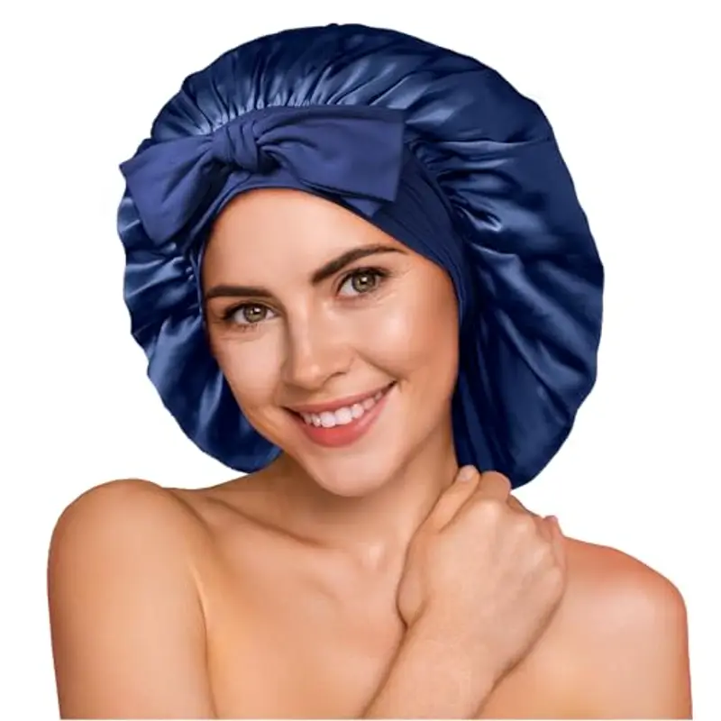 Umisleep 100% 22 Momme Cuffia Seta di Gelso per Dormire, Cuffia da Notte in Seta a Doppio Strato per Capelli Ricci, Traspirante, con Cinturino Largo Regolabile per Il Fissaggio alla Testa, Blu Scuro