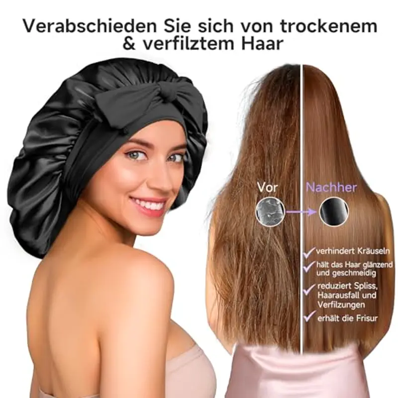 Umisleep 100% 22 Momme Cuffia Seta di Gelso per Dormire, Cuffia da Notte in Seta a Doppio Strato per Capelli Ricci, Traspirante, con Cinturino Largo Regolabile per Il Fissaggio alla Testa, Nero miniatura 3