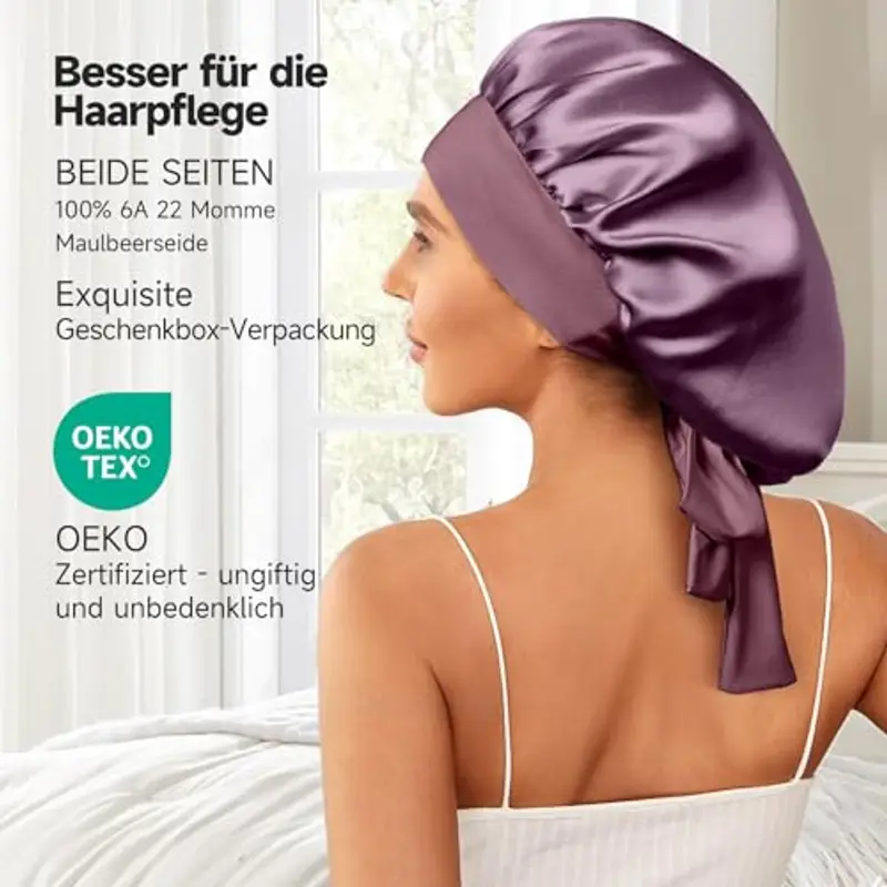 Umisleep 22 Momme - Berretto da Notte in 100% Seta di gelso, Morbido Berretto da Notte per Capelli Ricci, Traspirante, Fascia Larga Regolabile per Fissaggio alla Testa, Viola, Lilla miniatura 2