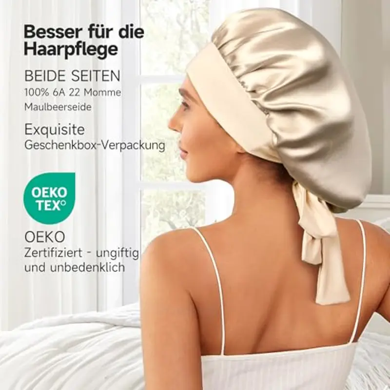 Umisleep Cuffia in Seta al 100% per Dormire – Doppia Seta di gelso per Capelli Lunghi, Traspirante e Morbido, 22 Momme con Fascia Regolabile, Oro Pallido, Oro Pallido miniatura 2